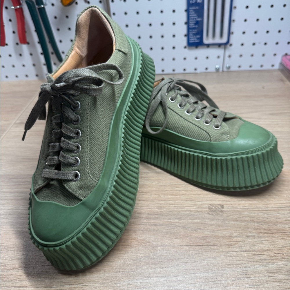 NEW Jil Sander Green Canvas Platform Sneakers